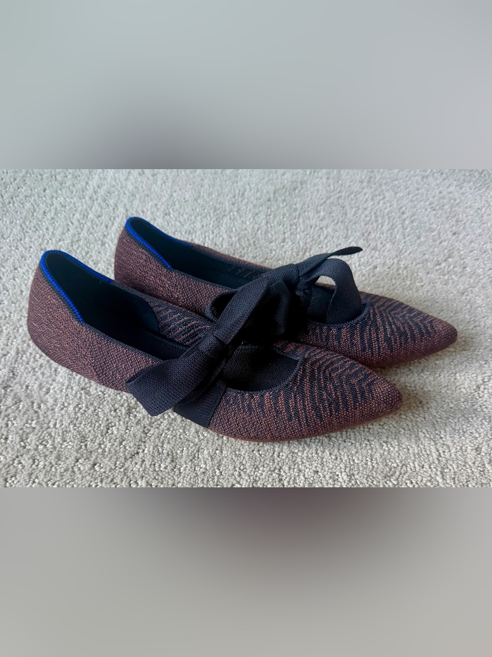 Rothy's Pointed Knit Flats in Black and Brown with Bow
